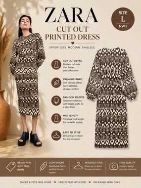 ZARA Brown Cream Cut Out Printed Midi Dress NWT Size L Puff Sleeve Viscose Blend